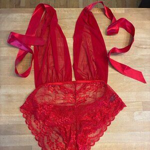Oh La La Cherie Aria Mesh Plunge Halter Teddy One Size Red